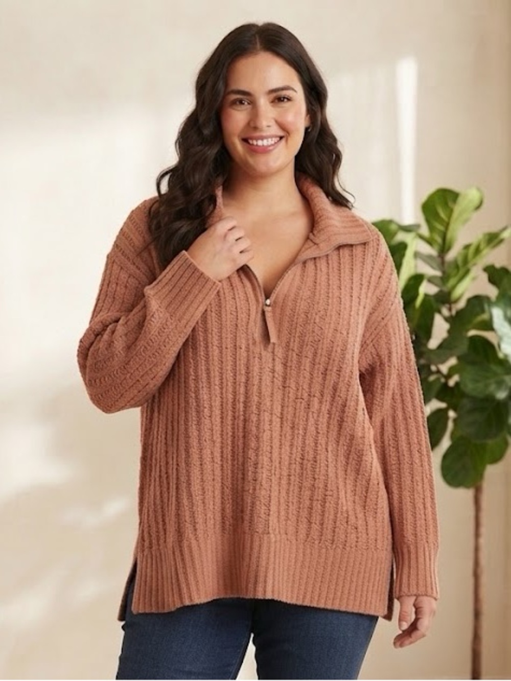 Aerie size L Cozy Half-Zip Cable Knit Sweater - camel brown